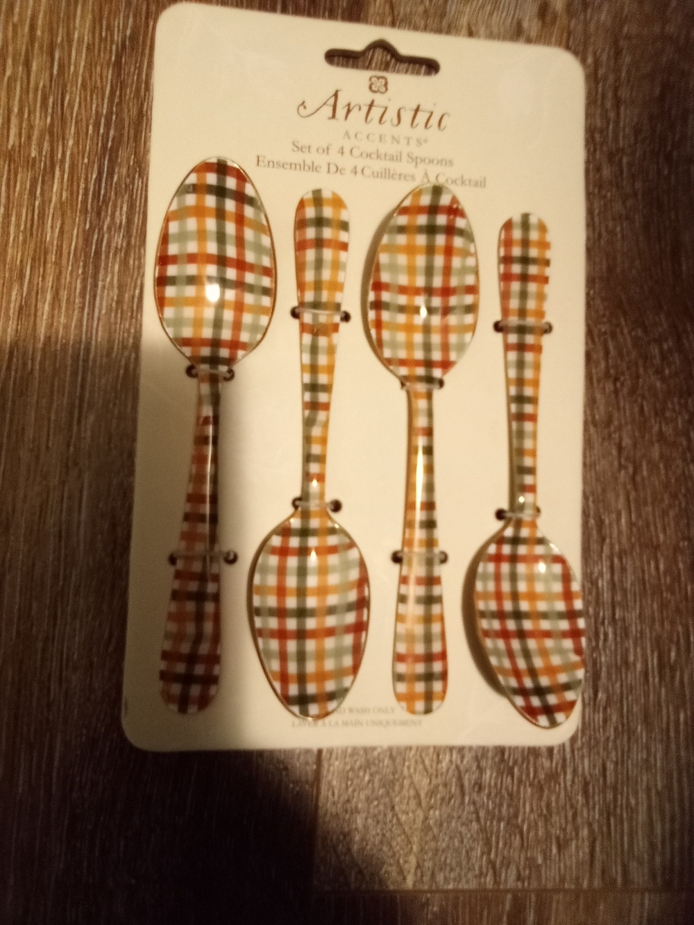 Artistic Accents Plaid Cocktail Spoon Set in Orange, Green, Cream, and Brown